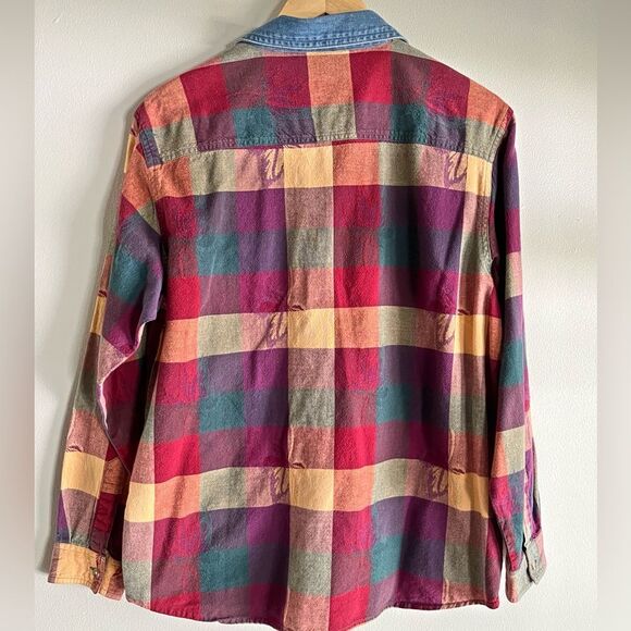 Vintage NorthCrest Plaid Flannel Shirt Denim Collar Multicolor 90s Grunge M-L - Picture 5 of 5